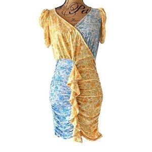 ASOS Design floral mini dress stretch color block style yellow blue size…